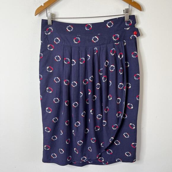 Tulle Women's Wrap Skirt Size L Navy Blue Maritime Print Patterned Knee Length - Picture 2 of 9